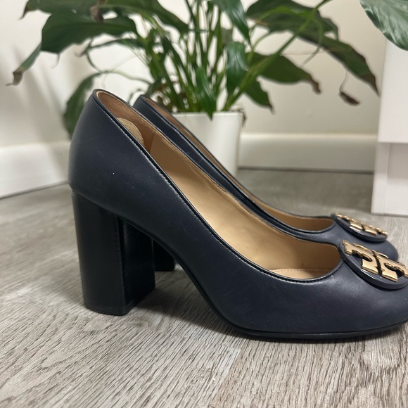 Tory Burch Navy Blue Leather Janey Block Heel - Picture 5 of 9